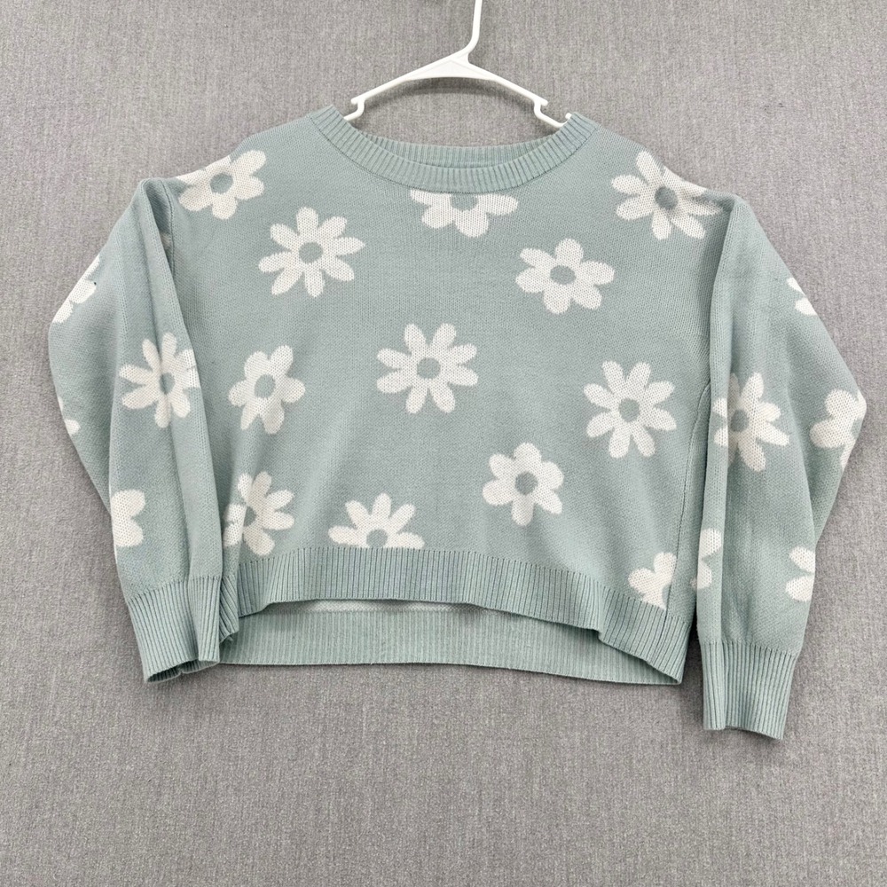 No Boundaries Sweater Kids Medium Sage Green Daisy Floral Knit Crewneck Pullover